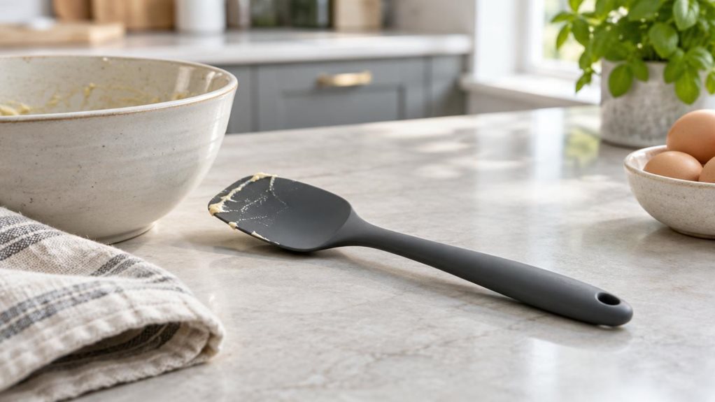 A photograph of a single dark-gray silicone spatula resting diagonally across a pale stone countertop beside a ceramic mixing bowl in a bright, modern kitchen. Its gently curved, flexible head and smooth handle are clearly visible, with a few faint traces of batter near the tip suggesting recent use. A folded linen tea towel and a small bowl of eggs sit quietly nearby, adding natural context without distracting from the spatula. The scene is horizontally composed in a 16:9 la