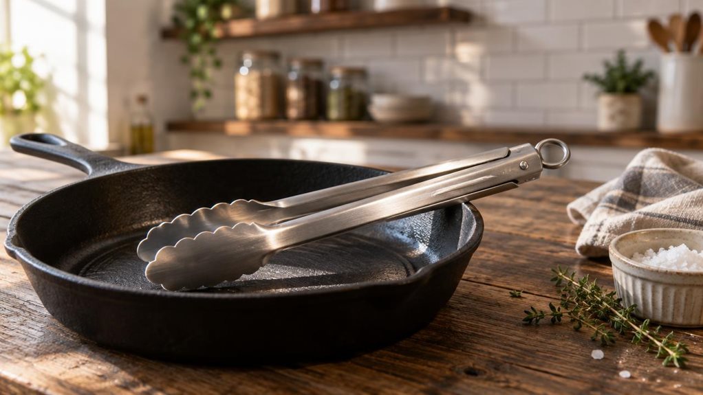 A photograph of a single stainless steel serving tong resting diagonally across a matte black cast iron skillet on a rustic reclaimed wood kitchen island. The tong features a scalloped edge and a simple pull-ring locking mechanism at the hinge, its brushed metal surface catching the late afternoon sun streaming through an unseen window. Soft, diffused highlights trace the ergonomic curves of the handles while subtle shadows pool in the skillet's ridges. Beside the skillet, a
