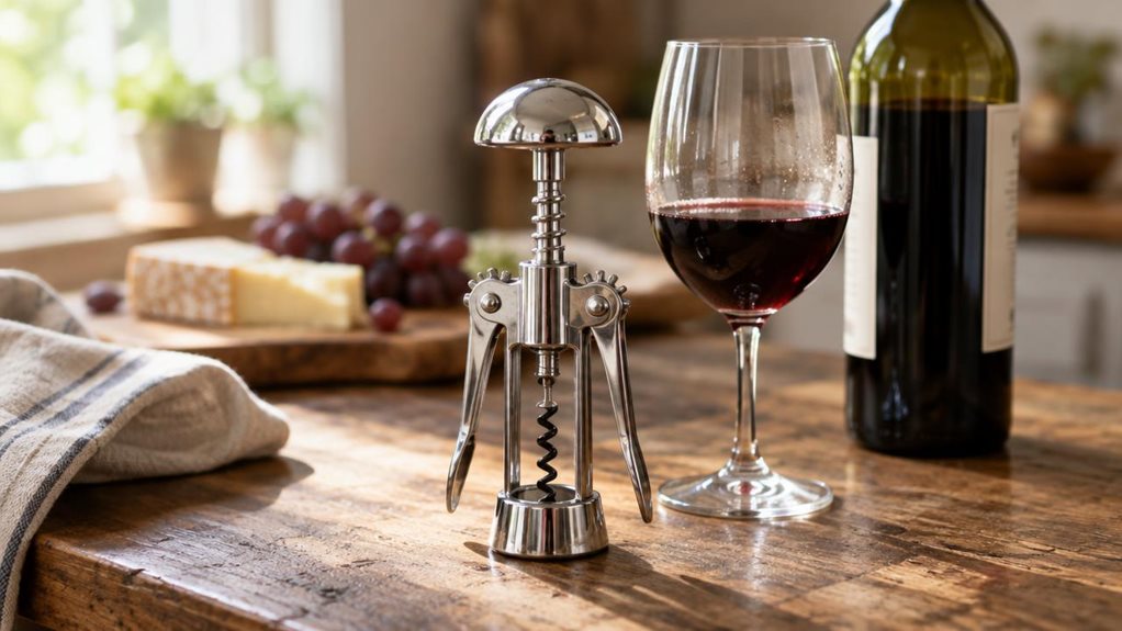 A photograph of a polished chrome bell corkscrew resting on a weathered butcher-block kitchen counter, its distinctive dome-shaped top catching soft daylight streaming in from a nearby window. The corkscrew stands upright beside a half-filled wine glass and an opened bottle of red wine, a few droplets of condensation visible on the glass. The spiraled worm of the corkscrew gleams subtly, hinting at recent use, while the wing-like levers rest in their natural downward position