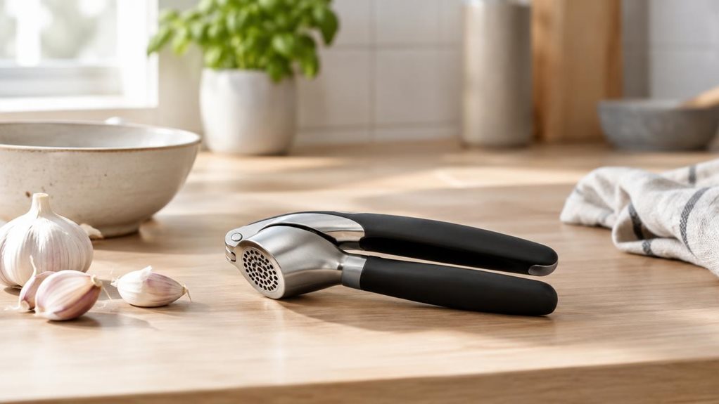A photograph of a sleek compact garlic press resting naturally on a light oak kitchen counter in a bright, modern home, framed in a horizontally composed 16:9 landscape scene. The single stainless-steel and matte-black utensil is placed beside a few unpeeled garlic cloves, a ceramic bowl, and a folded linen towel, as if recently used but not in action. Soft morning light streams in from the side, casting gentle highlights and subtle shadows that emphasize the product’s clean 