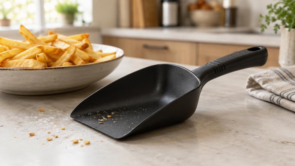 A photograph of a single black Westmark-style French fries scoop resting naturally on a clean kitchen counter beside a shallow bowl of golden fries. The scoop is the clear hero, its broad, curved blade and sturdy handle shown in crisp detail, with a few crumbs nearby suggesting everyday use. In the softly blurred background, a warm, modern kitchen and a folded linen napkin create a relaxed home-cooking atmosphere. The scene is candid and observational, as if captured between 