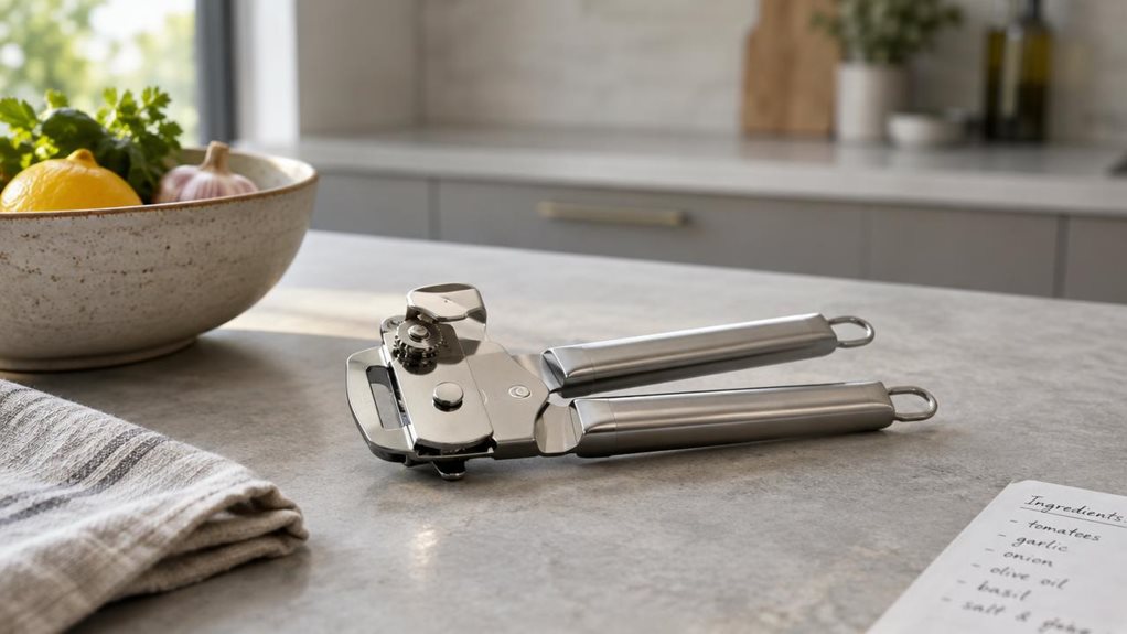 A photograph of a horizontally composed 16:9 landscape kitchen scene, styled like a candid lifestyle product shot taken with a high-end camera. In the foreground, a compact stainless-steel lever can opener rests naturally on a matte stone countertop beside a ceramic bowl, a folded linen towel, and a partially visible ingredient list, suggesting an everyday meal prep moment without any action. The product is heroed in sharp focus, showing clean metal surfaces, ergonomic lines,