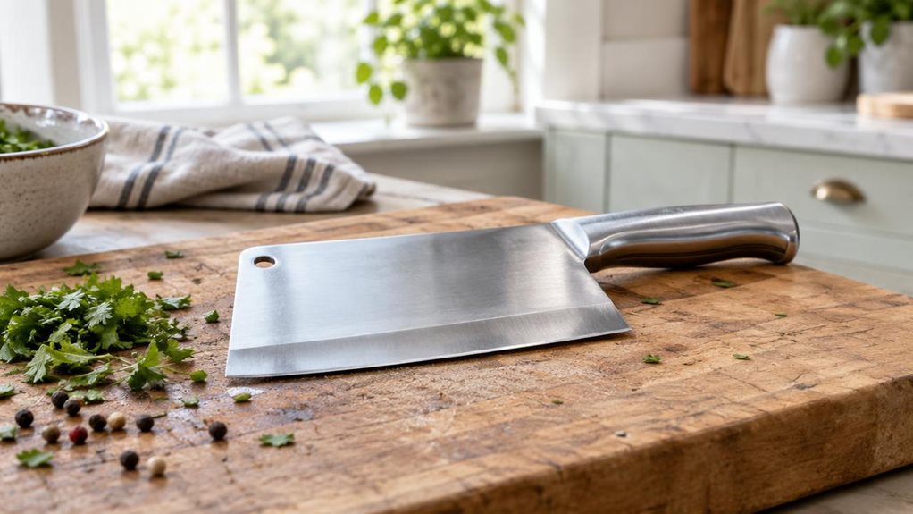 A photograph of a single double-blade cleaver resting on a well-used wooden cutting board in a bright, modern home kitchen. The cleaver is the clear hero, its broad stainless-steel blades and sturdy handle rendered in crisp detail, with a few freshly chopped herbs and scattered peppercorns nearby hinting at its mincing purpose. A folded linen towel and a ceramic bowl sit casually at the edge of the counter, adding lived-in character without distracting from the tool. In the s