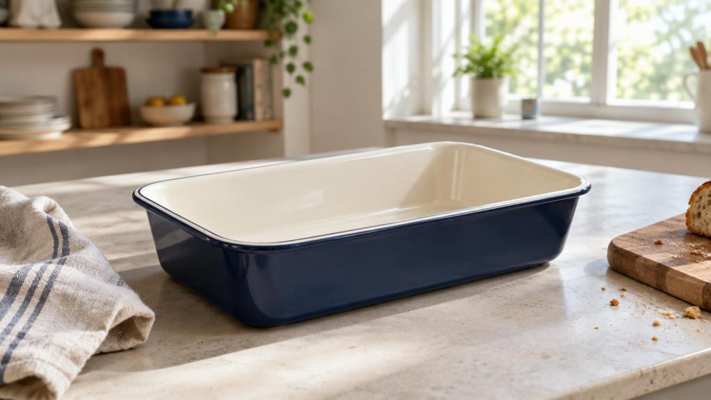 A photograph of a single rectangular enamel bread pan, approximately 37 × 20 cm, resting on a pale stone kitchen counter in a bright, modern home kitchen. The pan has a smooth, deep navy-blue exterior, a softly gleaming cream interior, gently rounded corners, and sturdy rolled edges; it is empty and clean, with no lettering or logo. A linen tea towel and a wooden bread board sit nearby, with a few crumbs suggesting everyday use without making the scene feel staged. The pan is