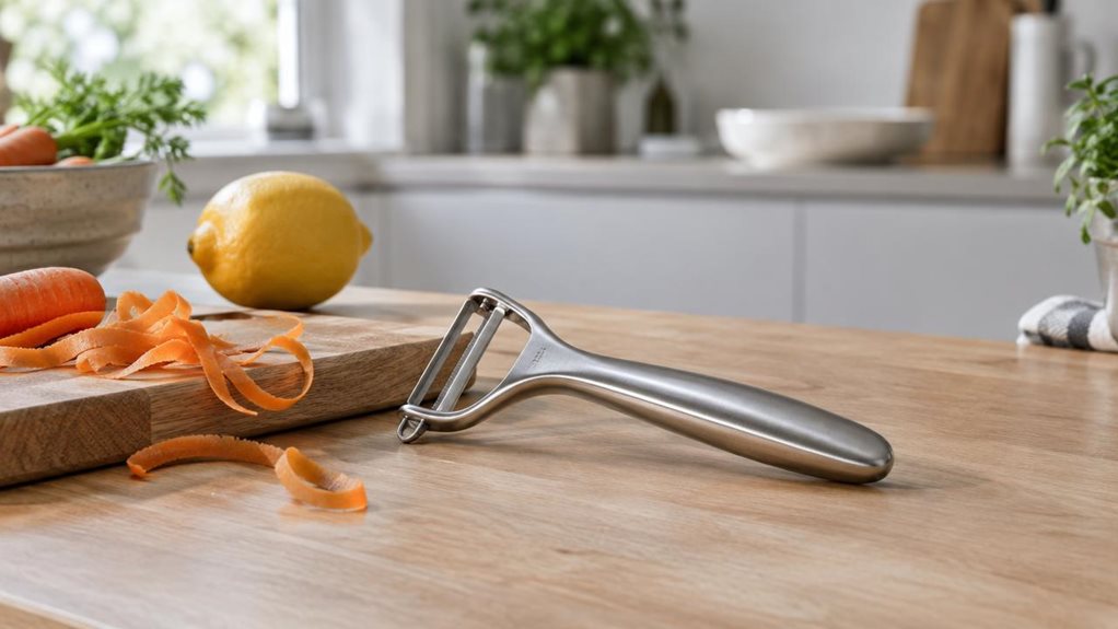 A photograph of a single German-made stainless steel vegetable peeler resting casually on a light oak kitchen counter beside a wooden cutting board, a few freshly peeled carrot ribbons and a lemon nearby, suggesting a quiet everyday cooking moment. The scene is horizontally composed in a 16:9 landscape format, with the peeler placed slightly off-center as the hero subject, crisply detailed against a softly blurred modern kitchen background of matte white cabinets, a ceramic b