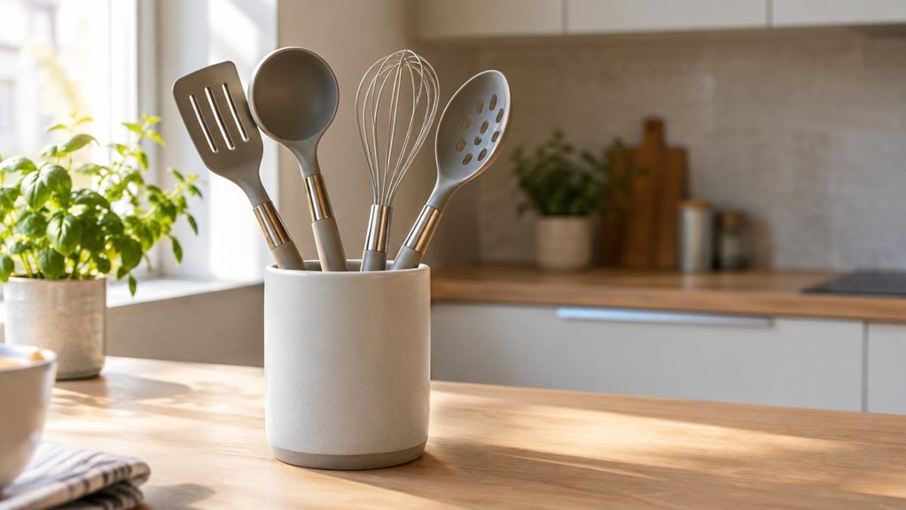 A photograph of a single sleek kitchen utensil set arranged neatly on a light oak countertop in a modern, sunlit kitchen, captured in a horizontal 16:9 landscape composition. The set includes a spatula, ladle, whisk, and slotted spoon standing together in a matte ceramic holder, with subtle brushed-metal accents and clean, contemporary lines. The scene feels candid and observational, as if a high-end camera caught the moment naturally during a quiet morning in the kitchen, no