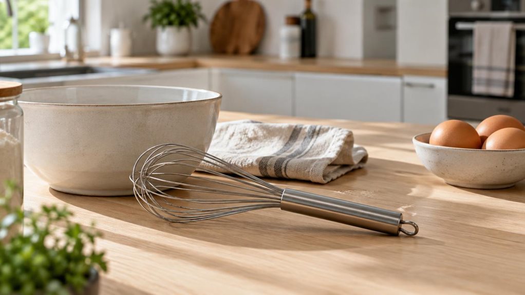 A photograph of a sleek stainless-steel whisk resting casually on a pale oak kitchen counter in a bright, modern home, composed as a horizontal 16:9 landscape scene. The whisk is the clear focal point, positioned beside a matte ceramic mixing bowl, a folded linen towel, and a small dish of eggs, all arranged as if left there between baking tasks. Warm natural light streams in from an off-frame window, creating soft highlights on the metal wires and subtle shadows across the c