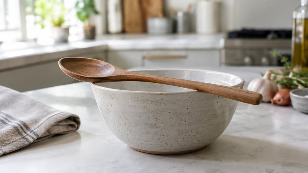 A photograph of a single wooden mixing spoon resting naturally across the rim of a ceramic bowl on a bright, modern kitchen countertop, suggesting a quiet moment during everyday meal preparation. The spoon is the clear hero, with a smooth, gently curved head and a comfortable-looking handle, shown in realistic detail without labels or markings. Nearby, a folded linen towel and a few understated ingredients add lived-in context without cluttering the scene. The composition is 