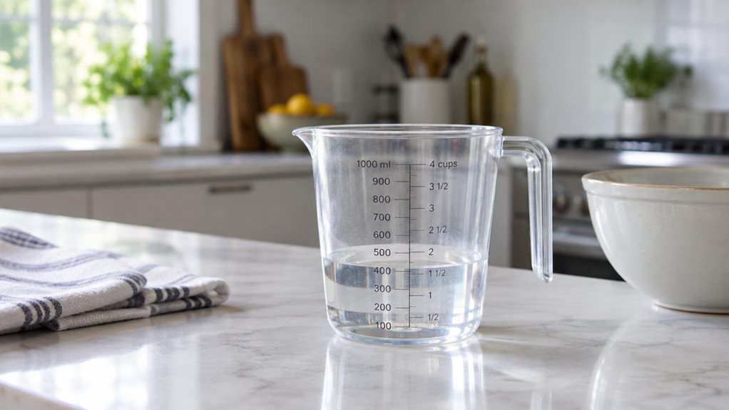A photograph of a single clear measuring jug resting on a bright, uncluttered kitchen counter, composed as a horizontal 16:9 landscape scene. The jug has a sturdy handle, a neat pouring spout, and crisp, easy-to-read measurement markings, with a small amount of water inside catching the light. Nearby, a folded tea towel and a simple mixing bowl suggest an everyday home kitchen without distracting from the product. The scene feels candid and observational, as if casually captu