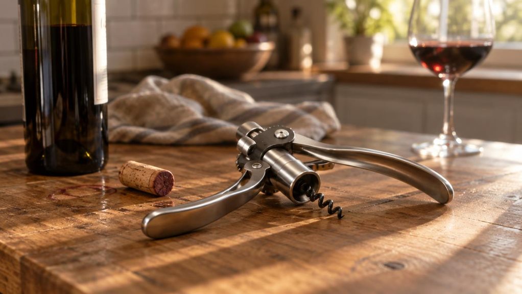 A photograph of a sleek, silver-toned lever-arm corkscrew resting on a weathered wooden kitchen countertop, positioned diagonally across the frame in soft afternoon light streaming through a nearby window. The corkscrew's curved arms are slightly open, as though recently set down after use, with a freshly removed cork lying beside it next to an open bottle of red wine with a faint water ring on the wood. A linen napkin is loosely bunched in the background, and a half-filled w