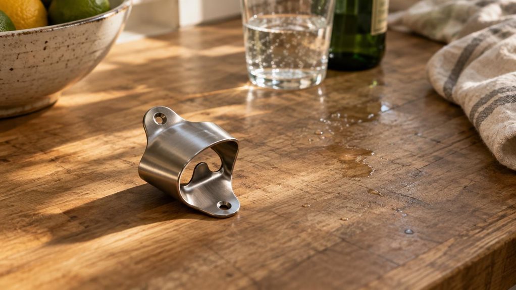 A photograph of a sleek stainless steel bottle opener resting on a weathered butcher-block kitchen counter, its curved wall-mount-style body catching soft, golden afternoon light streaming through a nearby window. The 16:9 landscape composition places the opener slightly left of center, with its polished metal surface reflecting subtle highlights and a faint shadow stretching across the wood grain. In the softly blurred background, a ceramic fruit bowl, a half-filled glass of