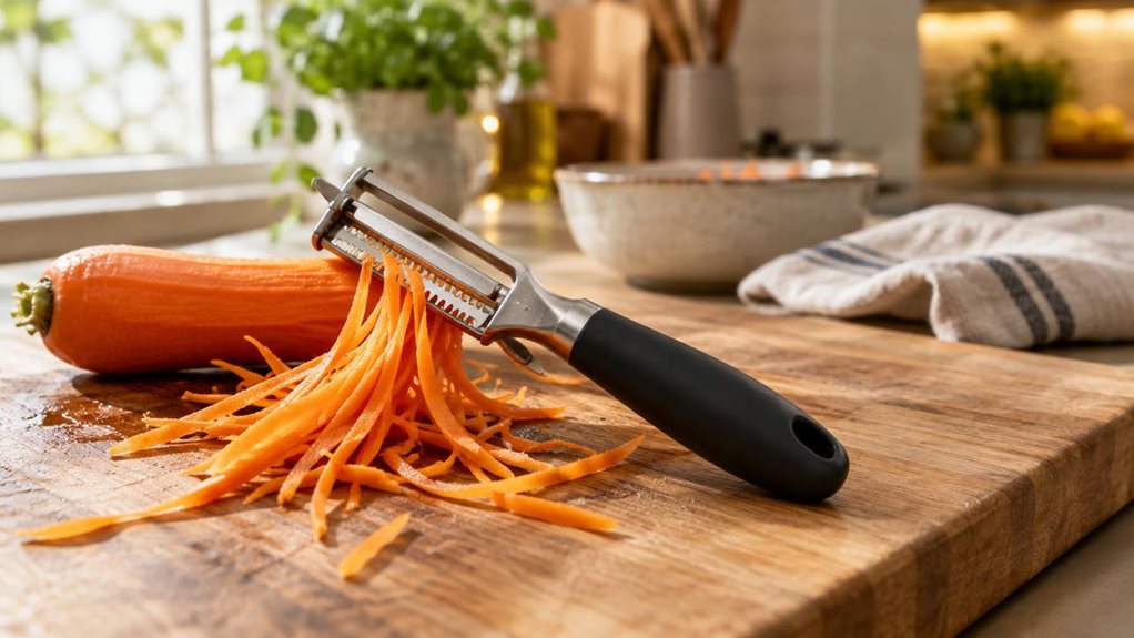A photograph of a stainless steel julienne peeler resting diagonally atop a wooden cutting board, its serrated blade catching soft morning light streaming through a nearby kitchen window. Beside it, a freshly peeled carrot lies with delicate, thin orange ribbons cascading onto the board, showcasing the tool's precision. A few loose julienne strips are scattered naturally, some curling slightly from residual moisture. The composition is horizontal, with the peeler and carrot p