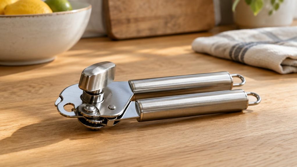 A photograph of a single stainless-steel safety can opener resting casually on a light oak kitchen counter, framed in a horizontal 16:9 landscape composition with the opener heroed in the foreground. The scene feels naturally lived-in, as if captured during a quiet moment in a modern kitchen: a ceramic bowl, a folded linen towel, and a muted cutting board sit softly out of focus in the background. Warm daylight streams in from an unseen window, creating gentle highlights on t