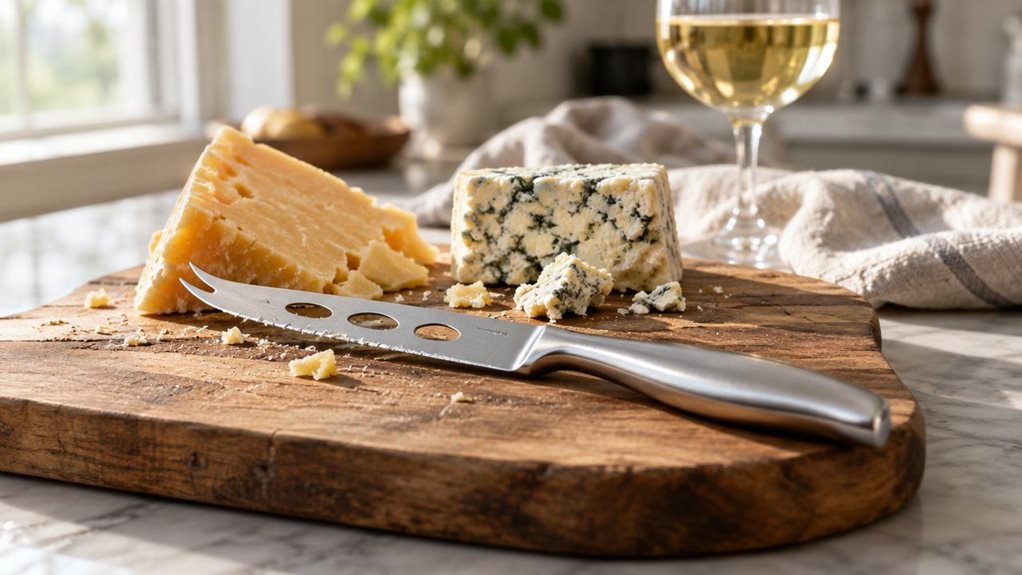 A photograph of a stainless steel cheese knife with a forked tip resting diagonally atop a rustic wooden cheese board, positioned on a sunlit kitchen countertop. The blade shows subtle perforations and a sleek, ergonomic handle that catches soft morning light streaming in from a nearby window. Beside the knife, wedges of aged cheddar and a crumbling block of blue cheese sit casually, with a few scattered crumbs adding to the candid, lived-in feel. A linen napkin, slightly rum
