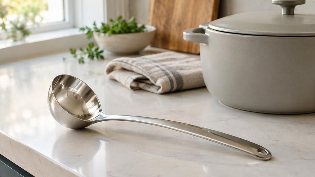 A photograph of a sleek stainless steel ladle resting naturally beside a matte ceramic soup pot on a clean, modern kitchen countertop, captured in a horizontally composed 16:9 landscape scene. The ladle is the clear hero of the frame, positioned in the foreground with its deep bowl and gently curved handle catching soft daylight from a nearby window. The setting feels candid and observational, as if someone had quietly stepped back to document a well-designed kitchen moment:
