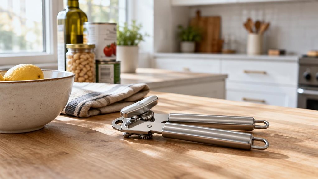 A photograph of a stainless-steel professional can opener resting casually on a light oak kitchen counter in a horizontally composed 16:9 landscape scene, presented as a lifestyle product shot in a real home kitchen. The opener sits near a ceramic bowl, a folded linen towel, and a few neatly stacked pantry items, suggesting everyday use without any action happening. Soft morning daylight streams in from a nearby window, creating gentle highlights on the metal surfaces and sub