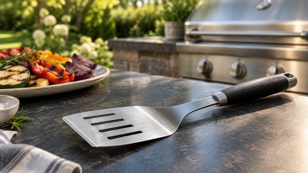 A photograph of a single professional grill spatula resting diagonally on a clean, dark stone countertop beside an outdoor barbecue, its broad stainless-steel blade catching the warm afternoon light and its sturdy handle showing subtle, realistic texture. A few grilled vegetables sit on a ceramic platter nearby, suggesting a relaxed cookout without showing anyone in action. The horizontally composed 16:9 landscape scene feels candid and observational, as if captured during a 