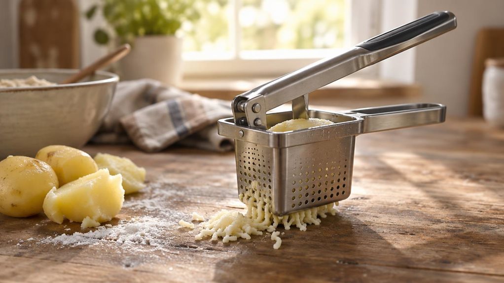 A photograph of a stainless steel potato and spaetzle press resting on a weathered wooden kitchen countertop, its quadro-shaped design catching soft midday light streaming in from a nearby window. The press sits slightly off-center in the frame, composed in a wide 16:9 landscape orientation, with a small mound of boiled potatoes nearby, one partially pressed through the perforated plate. Droplets of moisture glisten on the metal surface, and a faint dusting of flour lingers o