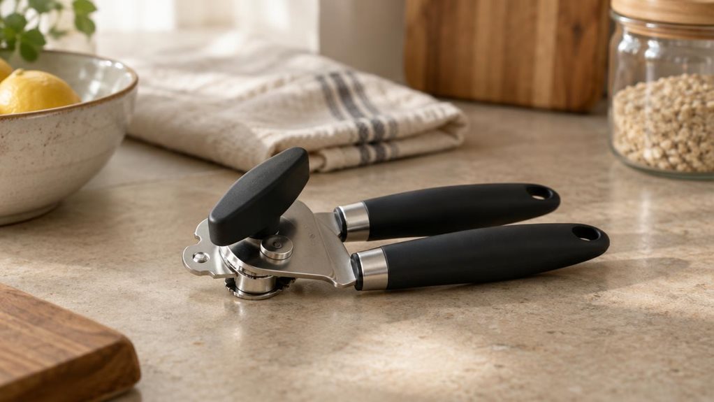 A photograph of a sleek manual can opener resting casually on a warm stone kitchen countertop, framed in a horizontal 16:9 landscape composition. The scene feels like a quiet, real-life moment in a modern home kitchen: soft morning light spills in from an off-frame window, creating gentle highlights on the brushed stainless steel and matte black handles. The can opener is the clear focal point, positioned near a ceramic bowl, a folded linen towel, and a partially visible glas