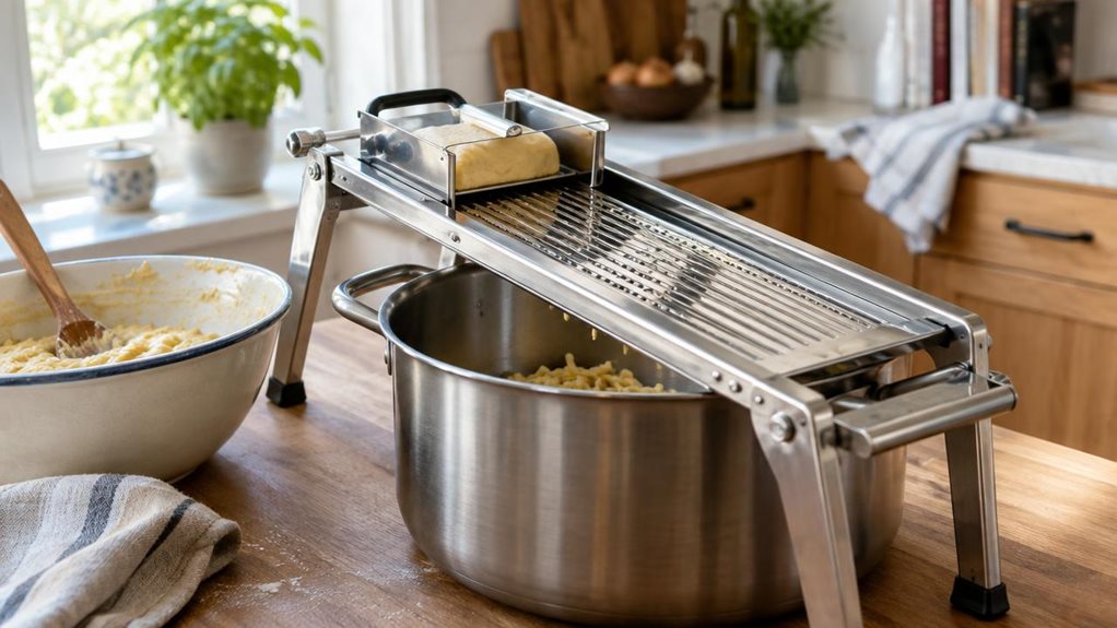 A photograph of a Westmark-style spätzle slicer with its dough sleigh resting across a large pot on a bright, lived-in kitchen counter, composed horizontally in a 16:9 landscape frame. The polished stainless-steel slicer is the clear hero, with its ridged grating surface, sturdy side supports, and small sliding dough carriage rendered in crisp detail. A bowl of pale spätzle dough and a wooden spoon sit nearby, suggesting a meal in progress without showing anyone cooking. In t
