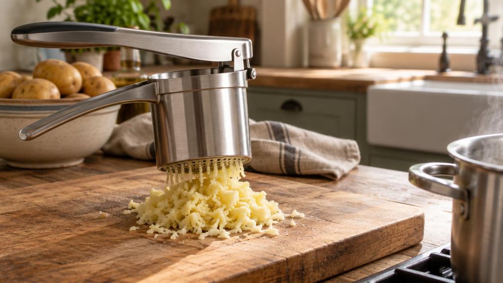 A photograph of a stainless steel spaetzle and potato press resting on a rustic wooden kitchen countertop, positioned slightly off-center to the left. The press features a cylindrical hopper, a comfortable ergonomic handle, and a perforated metal plate visible at its base, with a small mound of freshly riced potato beneath it on a wooden cutting board. Soft morning light streams in from a window to the right, casting gentle highlights across the brushed metal surface and crea