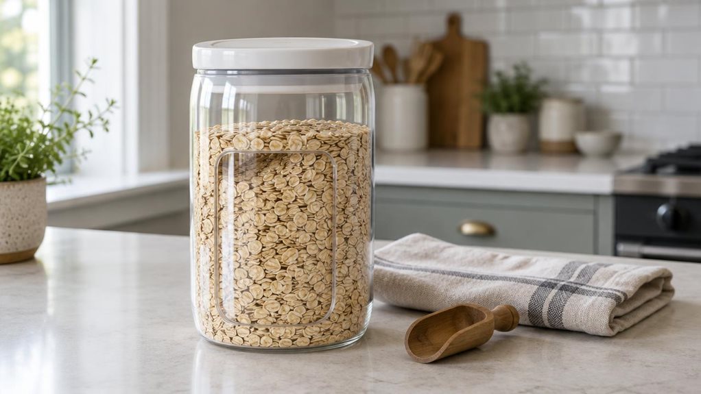 A photograph of a single clear Westmark-style storage jar with a wide viewing window, resting on a pale stone kitchen counter in a calm, modern home. The jar is the hero of the horizontally composed 16:9 landscape scene, filled with golden oats and positioned beside a folded linen tea towel and a small wooden scoop. Its smooth transparent body, neatly fitted lid, and generous window are sharply rendered, with subtle reflections that make the materials feel realistic. The comp