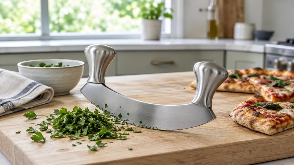 A photograph of a single stainless-steel herb and pizza cutter resting on a pale wooden cutting board in a bright, modern kitchen. The curved, double-handled blade is the clear hero, shown at a natural angle beside a small scatter of freshly chopped parsley and a few slices of rustic pizza, suggesting its everyday uses without showing anyone mid-action. A folded linen tea towel and a simple ceramic bowl sit nearby, adding a relaxed, lived-in feel. The scene is horizontally co