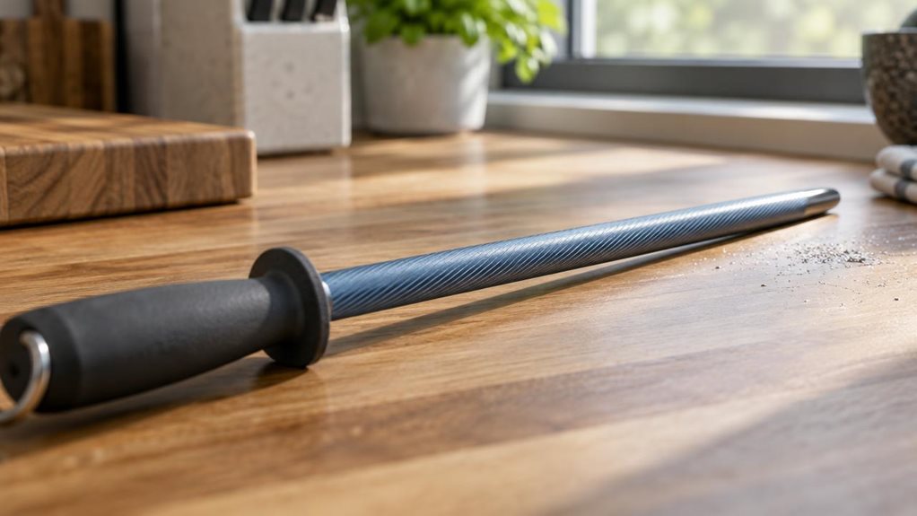 A photograph of a 30 cm oval sharpening steel resting diagonally across a wooden kitchen countertop, its sapphire-coated surface catching soft, natural light streaming in from a nearby window. The steel's textured oval cross-section is visible, showing fine diagonal grooves designed for precision draw sharpening. The dark handle, wrapped in a matte charcoal material, sits closest to the camera, slightly out of focus, while the honing rod itself remains sharp and central in th