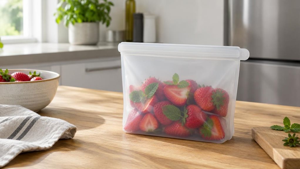 A photograph of a single reusable silicone food storage bag resting on a light oak kitchen counter in a bright, modern home, framed in a horizontal 16:9 landscape composition. The foldable bag is half-filled with fresh strawberries and a few mint leaves, its translucent silicone walls and matte snap-top closure clearly visible, emphasizing the fresh-keeping, eco-friendly design. It sits naturally beside a ceramic bowl, a linen tea towel, and a small cutting board, suggesting