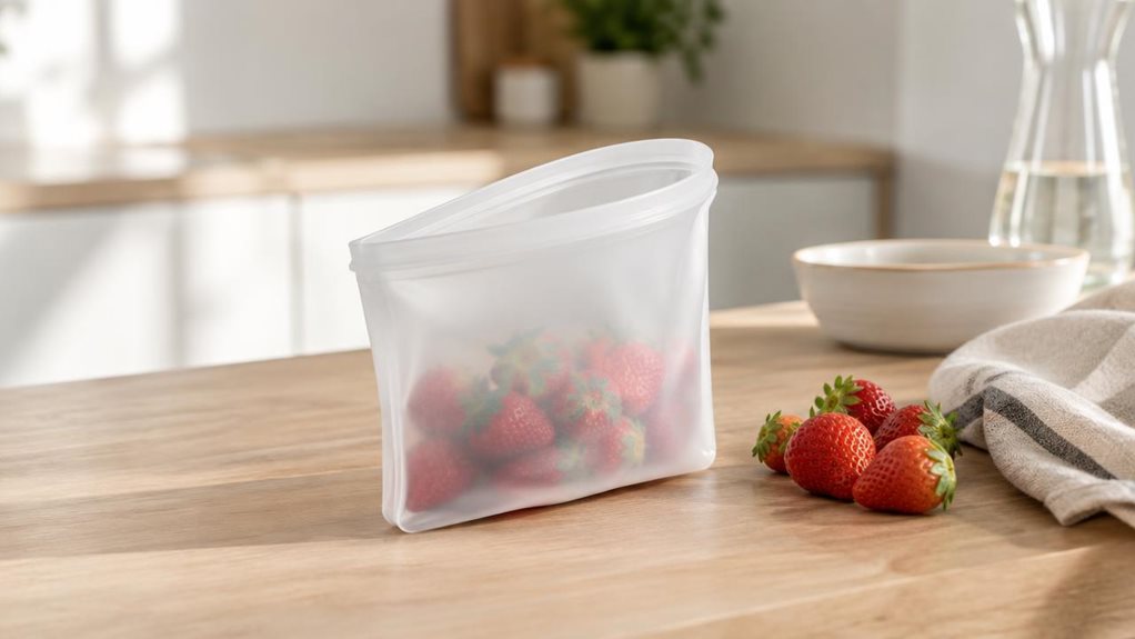 A photograph of a silicone reusable food storage bag placed casually on a light oak kitchen counter in a bright, modern apartment, composed in a horizontal 16:9 landscape frame. The translucent, flexible bag stands partially open beside a small cluster of fresh strawberries and a linen napkin, suggesting everyday use without any visible action. Soft natural morning light streams in from an off-frame window, creating gentle highlights on the matte silicone surface and subtle s
