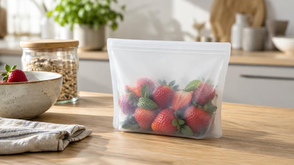 A photograph of a single reusable silicone food storage bag resting naturally on a clean, light oak kitchen counter in a modern, sunlit home, composed in a horizontal 16:9 landscape frame. The translucent bag is partially filled with fresh strawberries and a few mint leaves, standing upright beside a ceramic bowl, a folded linen towel, and a glass jar, suggesting everyday meal prep without feeling staged. Soft morning light streams in from an unseen window, creating gentle hi