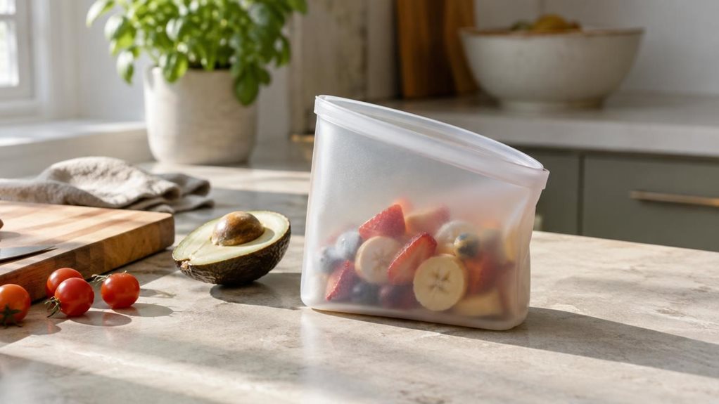 A photograph of a single reusable silicone food storage bag styled as a lifestyle product shot, placed naturally on a sunlit kitchen counter beside a half-cut avocado, a few cherry tomatoes, and a wooden cutting board in a clean modern home kitchen. The horizontally composed 16:9 landscape scene feels candid and observational, as if casually captured with a high-end camera during a quiet morning routine. The bag is partially open and lightly filled with sliced fruit, showing 