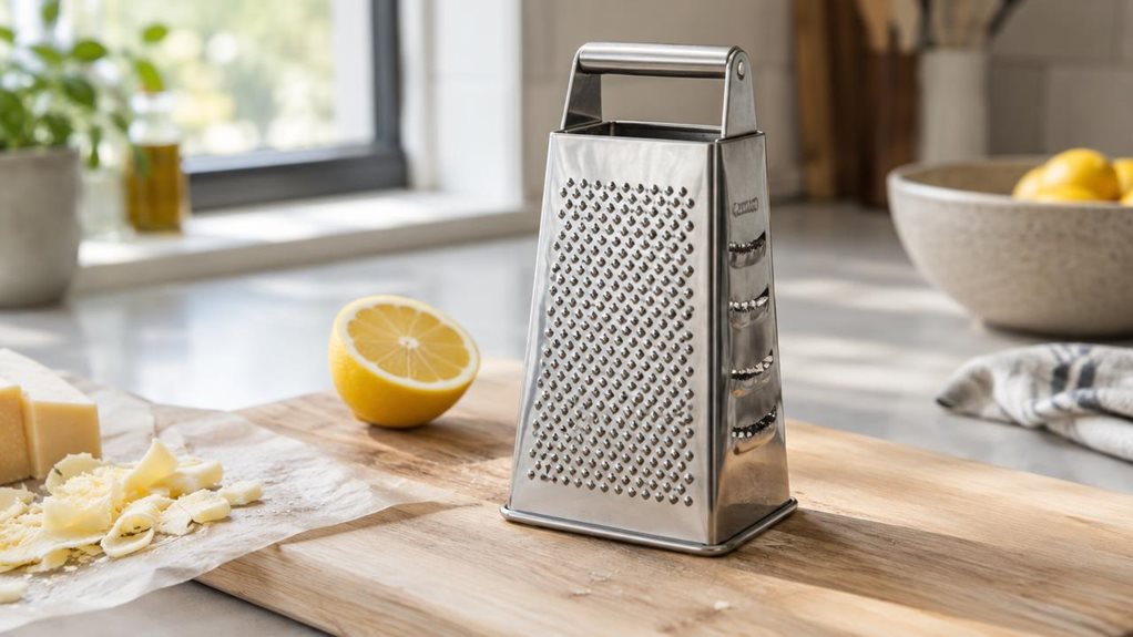 A photograph of a single stainless-steel universal grater resting naturally on a pale oak cutting board in a bright, modern kitchen, framed in a horizontal 16:9 landscape composition. The grater sits slightly off-center as a quiet hero object, its clean geometric form and finely perforated surface catching soft daylight from a nearby window. Around it, subtle lifestyle details suggest recent use without action: a half-cut lemon, a few curls of cheese on parchment, and a blurr