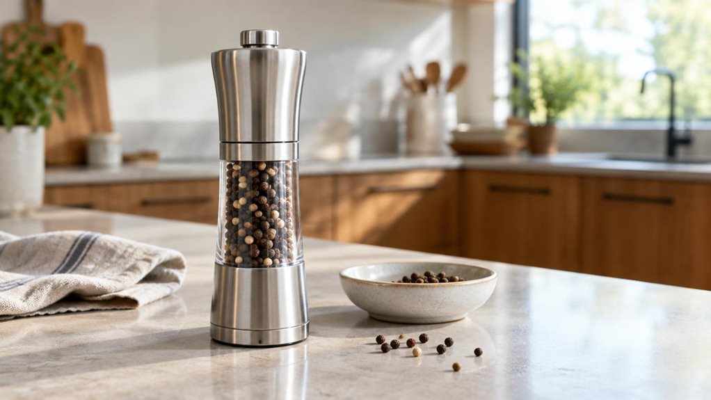 A photograph of a single elegant salt mill resting on a pale stone kitchen counter beside a simple ceramic dish, ready for everyday use. Its polished stainless-steel body and clear central chamber reveal the peppercorns inside, with a refined, compact silhouette and subtle brushed-metal details. A folded linen napkin and a few scattered peppercorns nearby lend the scene a relaxed, lived-in feel without looking staged. The mill is the clear hero, sharply focused in the foregro