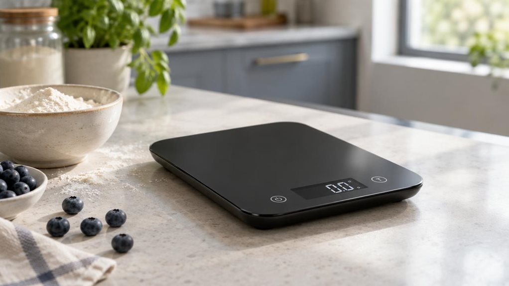 A photograph of a single black digital kitchen scale resting on a pale stone countertop in a calm, modern kitchen. The scale is the clear hero of the scene, shown at a natural three-quarter angle with its smooth, slim platform and subtle digital display visible. Nearby, a small ceramic bowl of flour and a few scattered blueberries suggest everyday baking, while remaining secondary to the product. The arrangement feels casually observed rather than staged mid-action, with no h