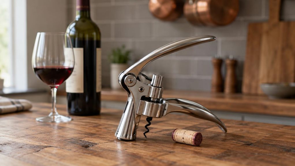 A photograph of a sleek stainless steel lever corkscrew resting on a weathered butcher-block kitchen counter, positioned diagonally across the frame in a horizontal 16:9 composition. The corkscrew's polished chrome arms are angled upward in a relaxed, open position, catching soft morning light streaming in from an unseen window to the left. Beside it, an open bottle of red wine stands slightly out of focus, its label unreadable, with a single wine glass partially filled nearb