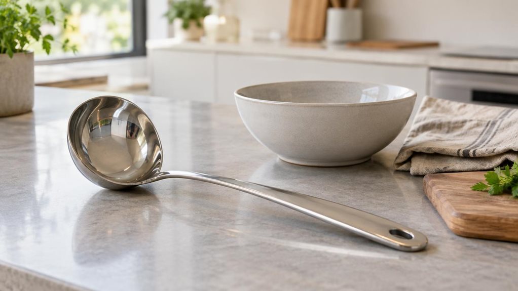A photograph of a polished stainless steel soup ladle resting naturally on a modern stone countertop in a bright, contemporary kitchen, composed in a horizontal 16:9 landscape frame. The ladle is the clear hero, positioned beside a matte ceramic soup bowl, a folded linen napkin, and a subtle wooden cutting board, suggesting an elegant everyday dining setup rather than a staged product shot. Soft natural daylight streams in from a nearby window, creating gentle highlights alon