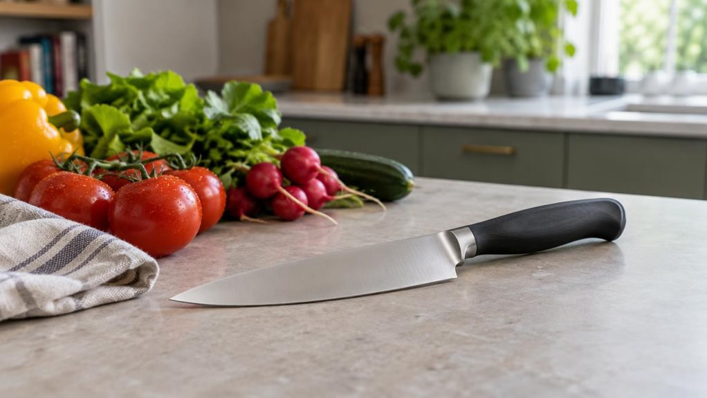 A photograph of a single 18 cm classic-style vegetable knife resting naturally on a pale stone kitchen counter, its clean stainless-steel blade beside a small arrangement of freshly washed vegetables and a folded linen towel. The knife is the clear hero, shown at a slight diagonal with its full blade and simple, dark ergonomic handle in view. A softly blurred, modern home kitchen fills the background, with muted cabinetry and a hint of greenery creating a calm, lived-in atmos