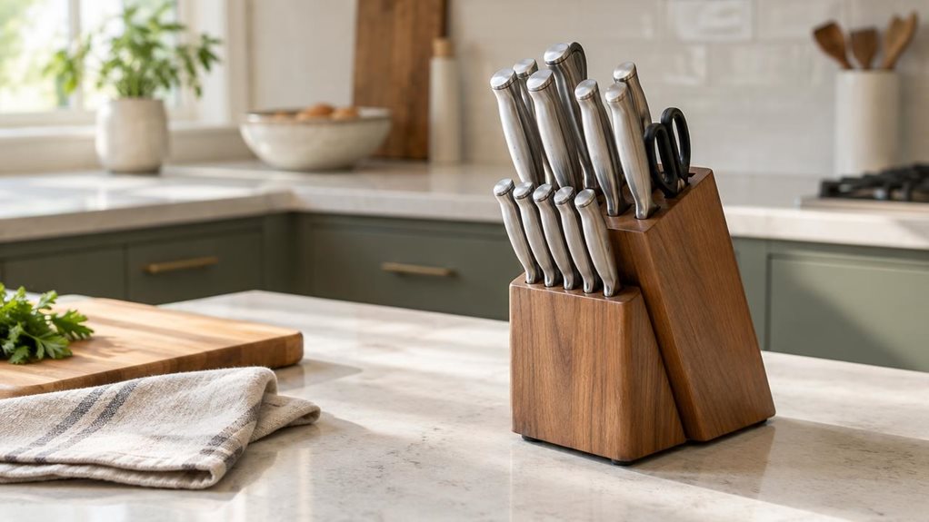A photograph of a sleek stainless-steel knife block set on a pale quartz countertop in a bright, modern kitchen, framed in a horizontal 16:9 landscape composition. The product sits naturally near a wooden cutting board and a folded linen towel, with no people visible, creating a calm, candid, lived-in feel. Soft morning light filters through an unseen window, casting gentle highlights across the brushed metal handles and the smooth wooden block. The background falls into a su