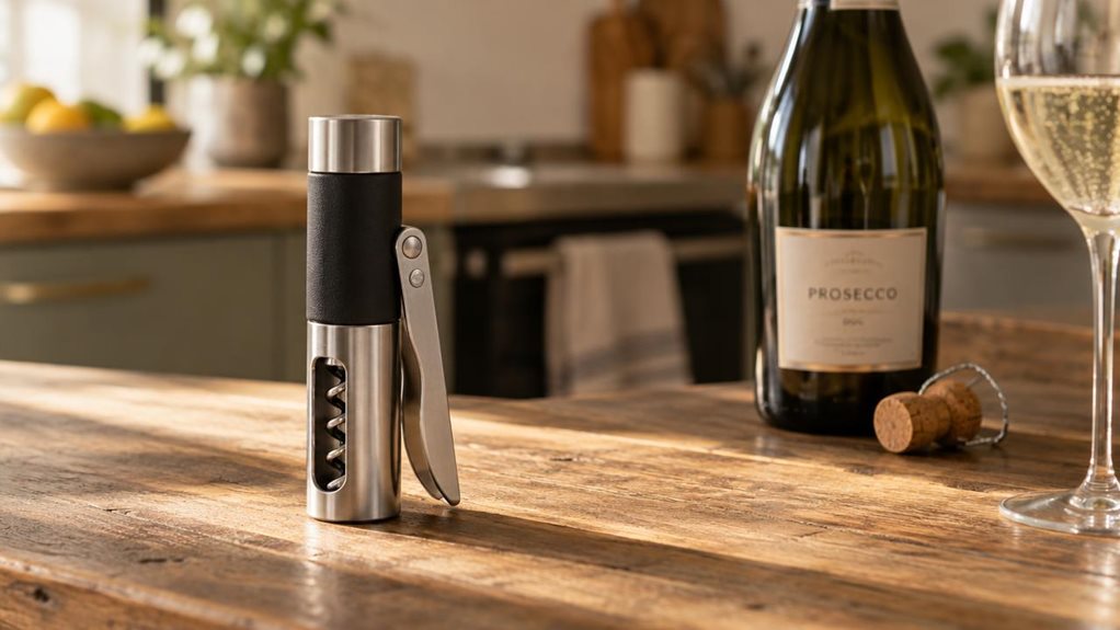 A photograph of a sleek stainless steel corkscrew resting on a reclaimed wood kitchen island, its compact body catching soft, warm sunlight streaming through a nearby window. The corkscrew features a minimalist cylindrical design with a matte black grip and polished metal lever arms folded neatly against its side, embodying modern Scandinavian design aesthetics. Beside it sits an uncorked bottle of prosecco, slightly out of focus, with a single wine glass partially visible at
