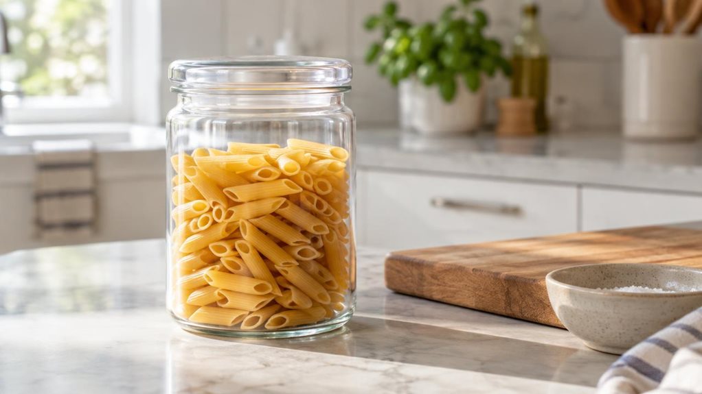 A photograph of a single clear glass storage jar with a smooth, close-fitting lid, resting on a pale stone kitchen counter in a bright, modern home. The jar is the hero of a horizontally composed 16:9 landscape scene, filled with neatly arranged dried pasta and positioned naturally beside a wooden cutting board and a small ceramic bowl. Soft morning light falls across the glass, creating delicate reflections and gentle shadows. In the softly blurred background, understated wh