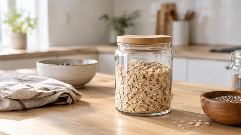 A photograph of a single clear glass storage jar with a natural wood lid, styled as a modern kitchen essential on a light oak countertop in a bright, minimalist home. The jar is placed slightly off-center in a horizontally composed 16:9 landscape frame, surrounded by subtle context clues like a folded linen towel, a ceramic bowl, and a few dry pantry ingredients nearby, suggesting everyday use without any staged motion. Soft morning light enters from the side, creating gentle