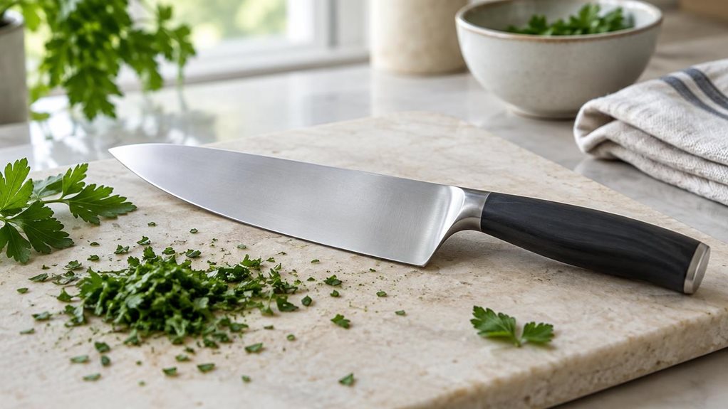 A photograph of a single double-edged herb knife resting naturally on a pale stone cutting board in a bright, modern kitchen. Its 18 cm forged stainless-steel blade is broad, gently curved, and finely finished, with a simple dark handle and no visible branding. A small scatter of freshly chopped parsley and a few intact herb leaves sit nearby, suggesting everyday use without showing anyone in action. The knife is the clear hero, angled across the board, with a folded linen to