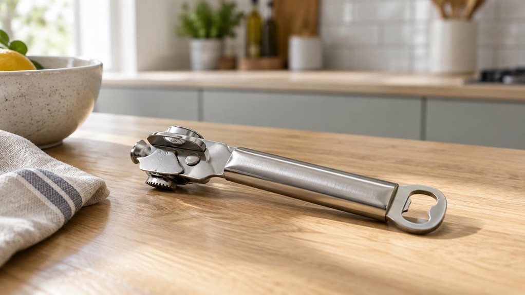 A photograph of a sleek stainless-steel can opener with an integrated bottle opener resting casually on a light oak kitchen counter in a bright, modern home. The scene is composed in a horizontal 16:9 landscape frame, with the product heroed in the foreground near a linen tea towel and a partially visible ceramic bowl, suggesting everyday use without any action happening. Soft morning daylight streams in from a window off-frame, creating gentle highlights along the polished m