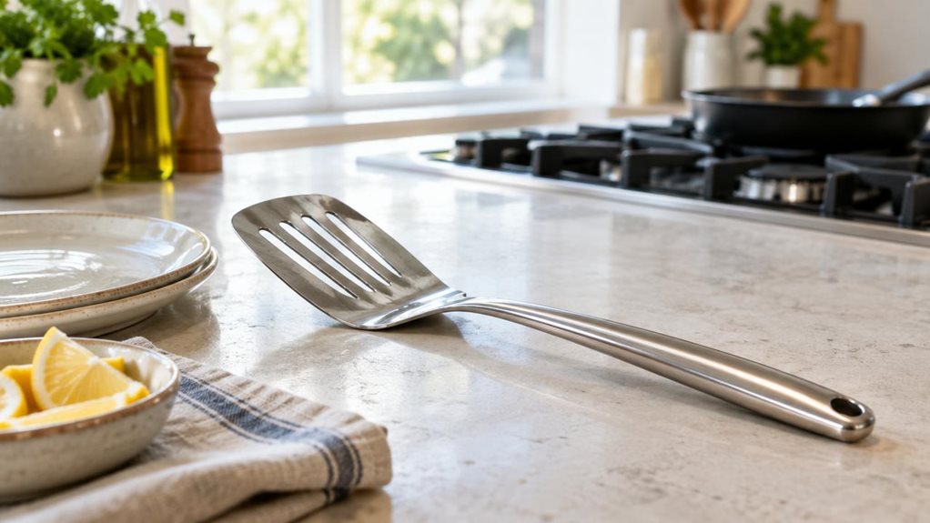 A photograph of a single stainless-steel fish slice with a long handle and broad, gently slotted head, resting naturally beside a ceramic plate on a pale stone kitchen counter. The utensil is the clear hero, its polished metal catching soft highlights while showing subtle signs of everyday use. A folded linen tea towel and a small dish of lemon wedges sit nearby, suggesting a relaxed home-cooking setting without distracting from the product. In the softly blurred background, 