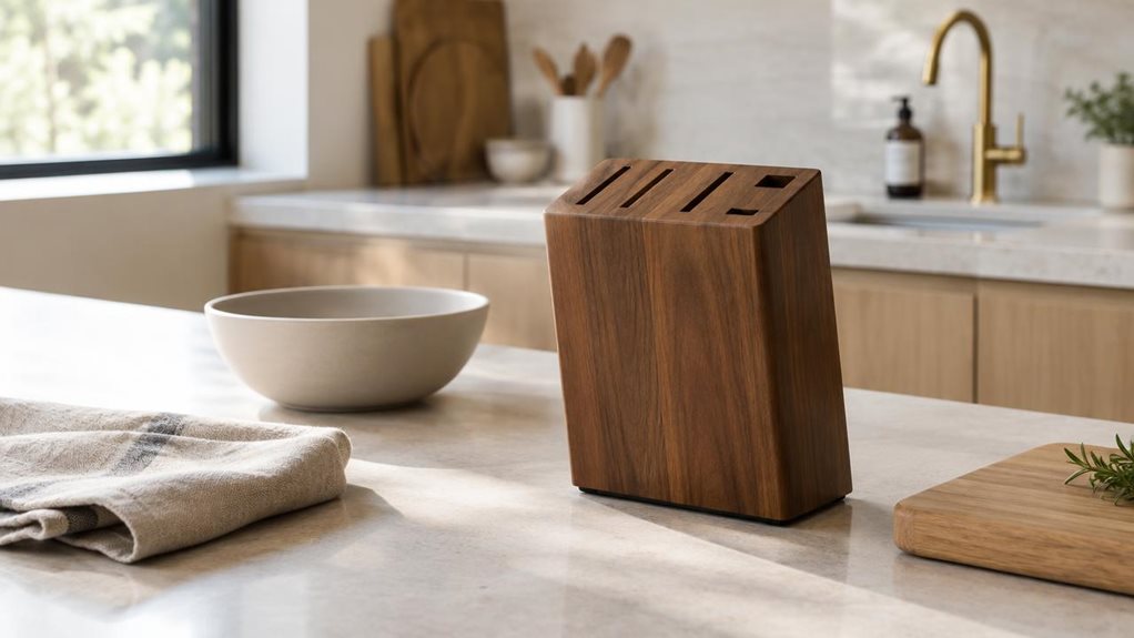 A photograph of a sleek empty knife block sitting on a clean, modern kitchen countertop, framed in a wide 16:9 landscape composition. The block is the clear hero of the scene, placed naturally beside a matte ceramic bowl, a folded linen towel, and a cutting board in a bright, minimalist kitchen with pale stone surfaces and warm wood accents. Soft morning light spills in from a nearby window, creating gentle highlights on the smooth finish and subtle shadows beneath the base. 