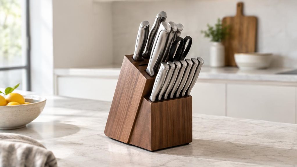 A photograph of a modern knife block set displayed naturally on a light stone kitchen countertop in a bright, contemporary home kitchen, framed in a horizontally composed 16:9 landscape scene. The knife block sits slightly off-center as the clear hero of the image, with several sleek stainless-steel knives neatly housed in its slots, suggesting ample 15-item storage without showing every blade. Soft morning light filters in from an unseen window, creating gentle highlights on