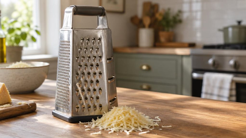 A photograph of a stainless steel box grater standing on a wooden kitchen countertop, positioned slightly off-center in the frame within a bright, modern kitchen. Soft morning sunlight streams in from a nearby window, casting gentle highlights along the grater's brushed metal surface and illuminating its four distinct grating panels—fine, medium, coarse, and slicing edges. A small pile of freshly grated cheese rests at its base, with a few loose shreds scattered naturally on