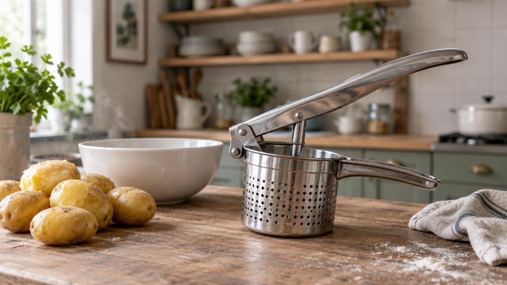A photograph of a sleek stainless steel potato and spaetzle press resting on a weathered wooden kitchen countertop, positioned slightly off-center to the right within a horizontally composed 16:9 frame. The press's polished chrome surface catches soft, natural daylight streaming in from an unseen window to the left, creating gentle highlights along its curved handle and perforated hopper. A small pile of freshly boiled potatoes sits nearby, slightly steaming, alongside a plai