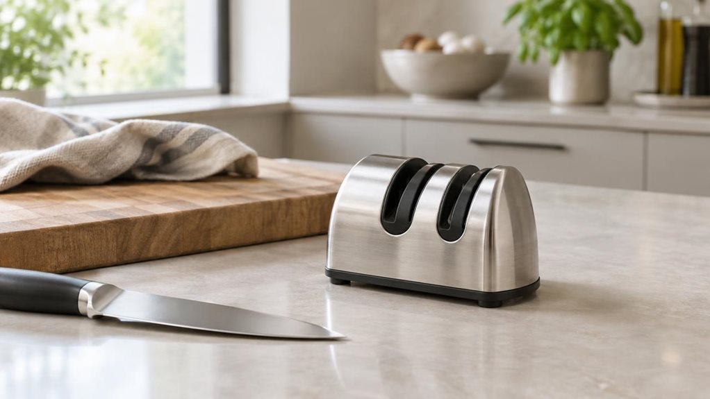 A photograph of a WMF Gourmet ceramic disc knife sharpener resting on a pale stone countertop in a calm, modern kitchen. The sharpener is the single hero product, shown clearly in its natural setting beside a wooden cutting board and a loosely folded linen tea towel; a chef’s knife lies nearby, not in use. Its compact stainless-steel body and dark sharpening slots catch the soft daylight from a window, with subtle reflections and realistic material detail. In the softly blurr